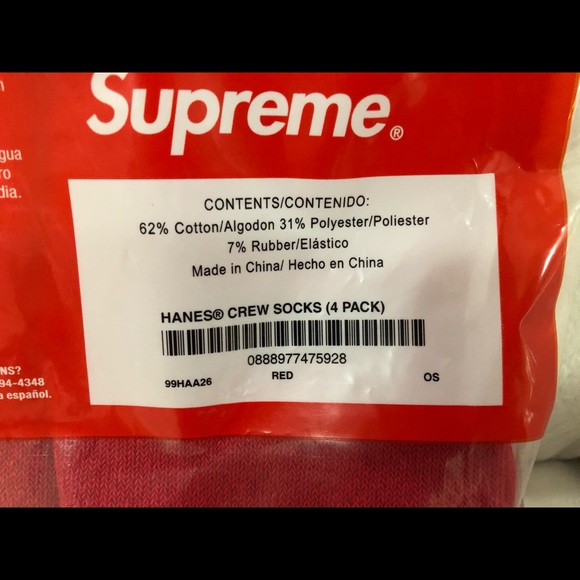 Supreme Hanes Crew Socks Red (4-Pack) Sealed FW19 - Picture 3 of 4